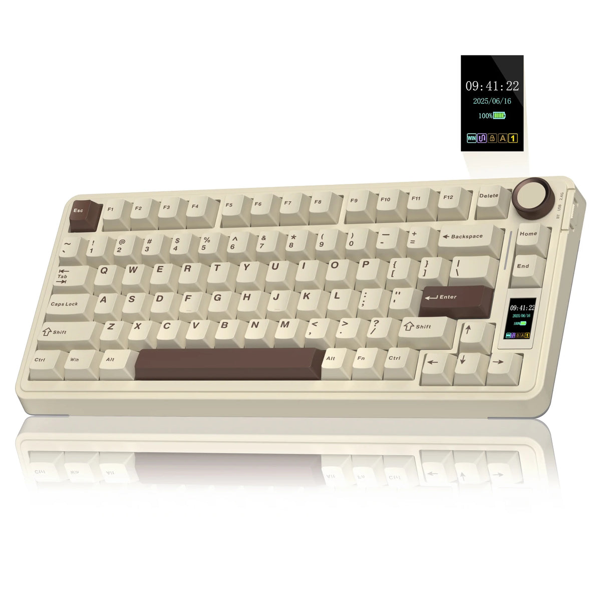 A white mechanical keyboard with brown keycaps and RGB lighting is shown on a desk.