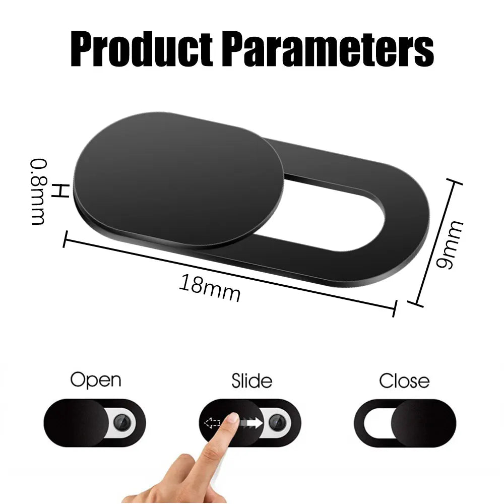 Diagram showing the dimensions and operation of a black privacy webcam cover for laptop or phone.