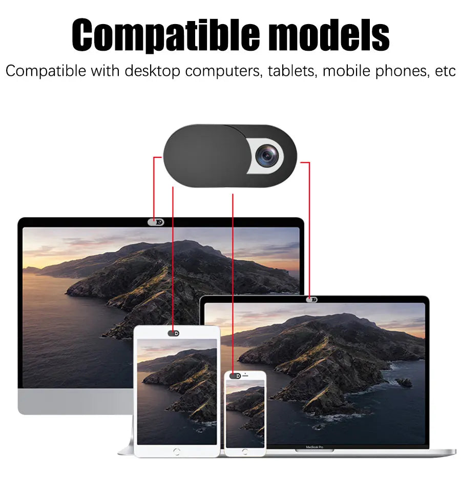 Privacy webcam covers shown on a laptop, tablet, and mobile phone.