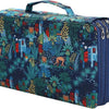 A dark blue pencil case with a vibrant tropical plant and animal pattern, featuring multiple zippered compartments.