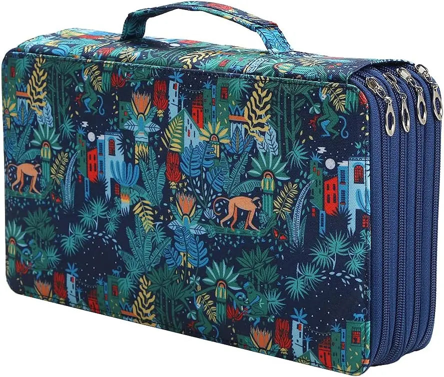 A dark blue pencil case with a vibrant tropical plant and animal pattern, featuring multiple zippered compartments.