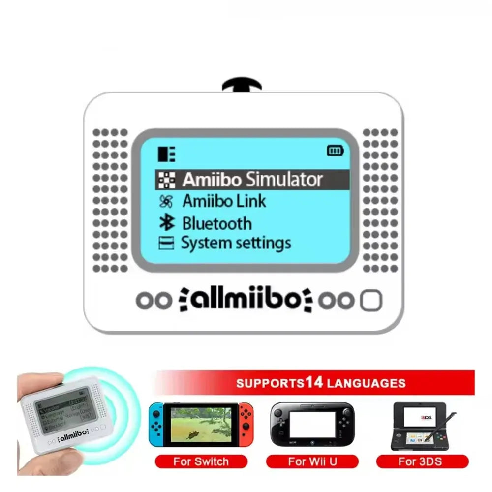 A device used as a Universal Amiibo/Game Data Writer Simulator with options for Switch, Wii U, and 3DS