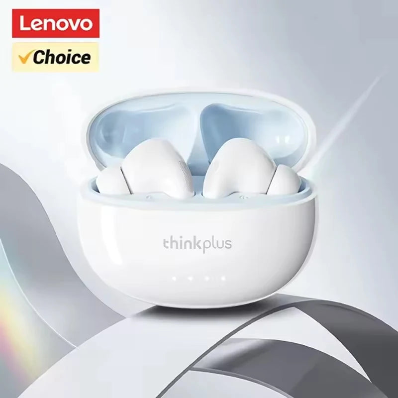 White Lenovo thinkplus true wireless earbuds inside their charging case