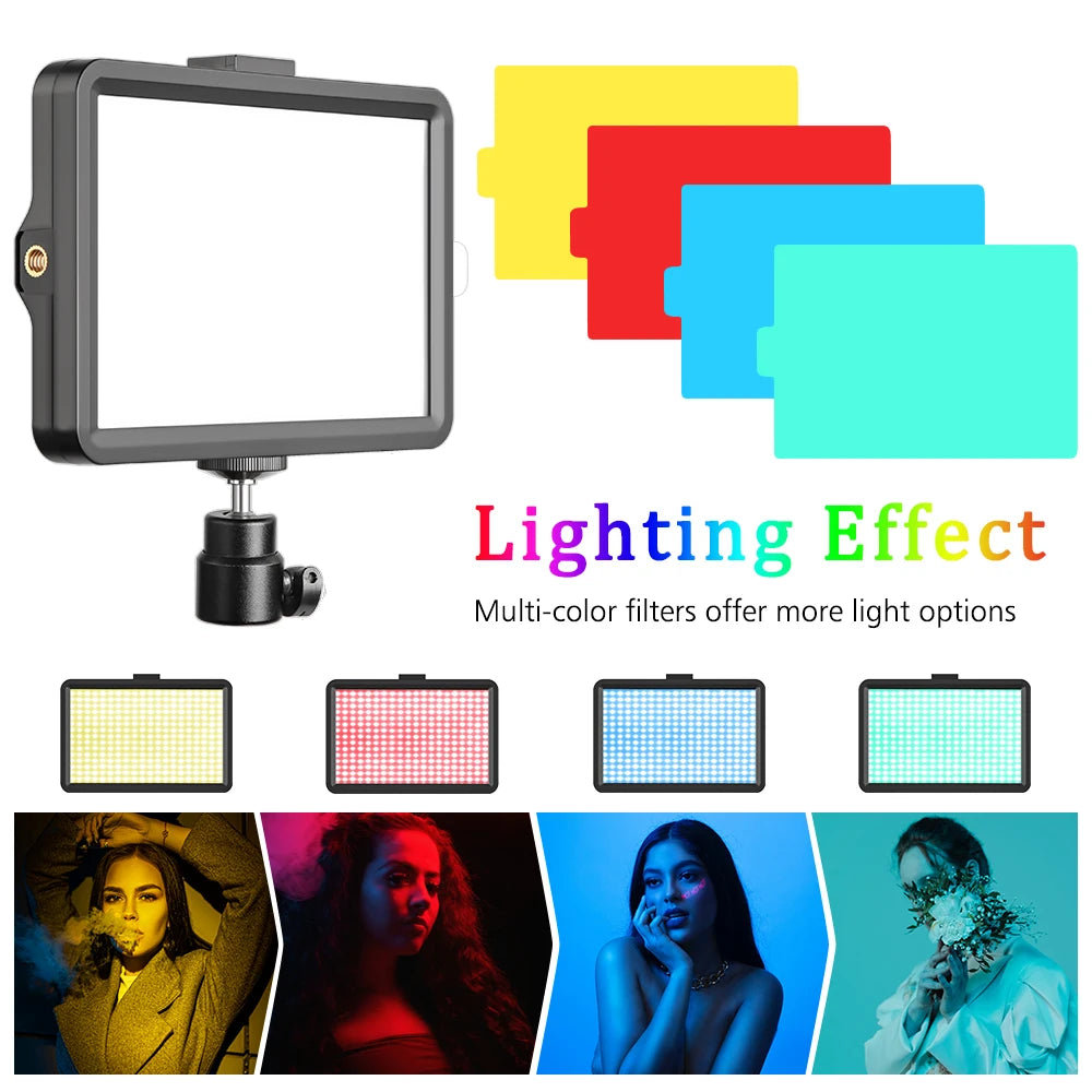 A multi-color lighting effect product featuring various colored LED panels and examples of its use on subjects.