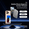 A mobile phone magnetic screen thrower device demonstrating a rear lens selfie artifact and wide-angle projection.