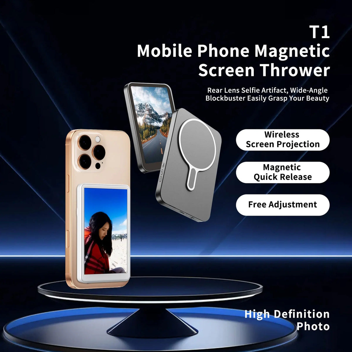 A mobile phone magnetic screen thrower device demonstrating a rear lens selfie artifact and wide-angle projection.