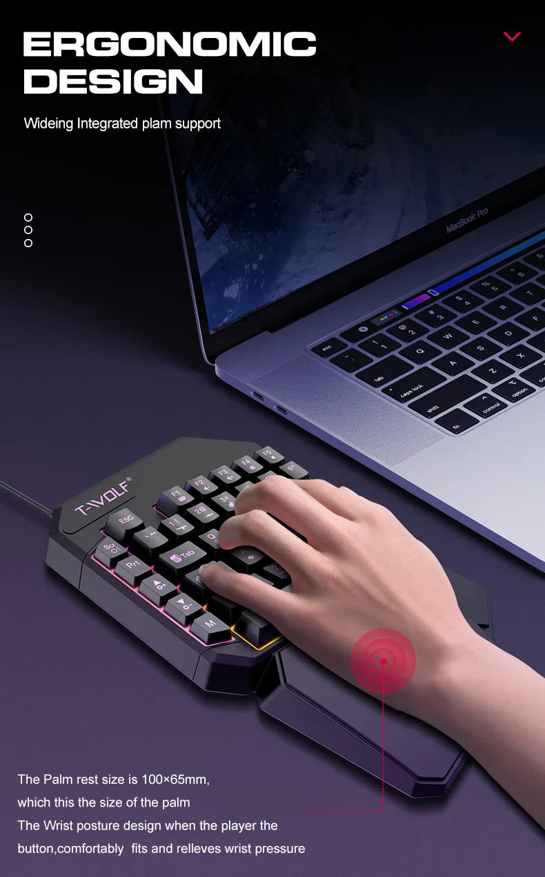 A hand is using a T-VOLF palm rest design on a laptop keyboard, demonstrating ergonomic support for wrist pressure.