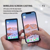 A hand holds a smartphone displaying a screen cast from another device, demonstrating wireless screen casting technology.