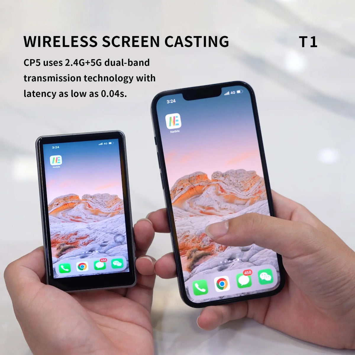 A hand holds a smartphone displaying a screen cast from another device, demonstrating wireless screen casting technology.