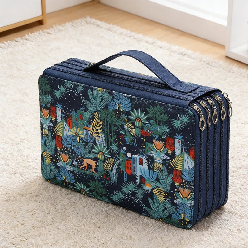 A dark blue pencil case with a tropical foliage pattern and multiple zippered compartments resting on a cream rug.