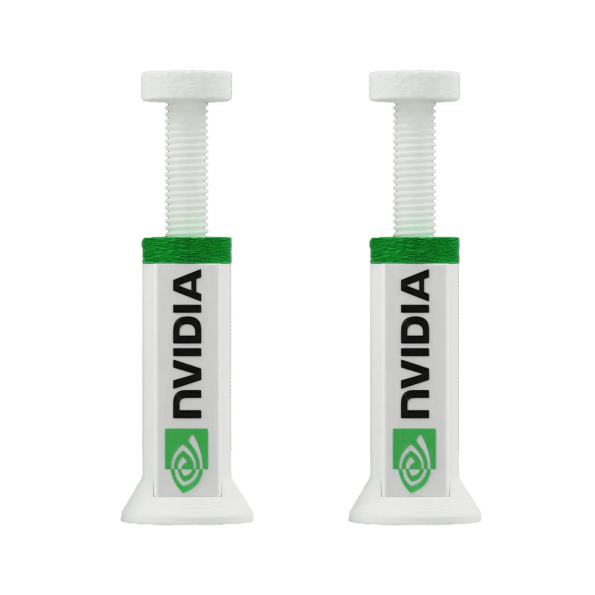 A pair of white adjustable GPU support brackets with green accents.