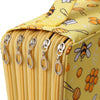 A yellow pencil case with a zipper closure and a pattern featuring bees and other colorful elements.