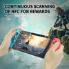A hand holds a tablet displaying an NFC scanning interface, illustrating continuous scanning of NFC for rewards.