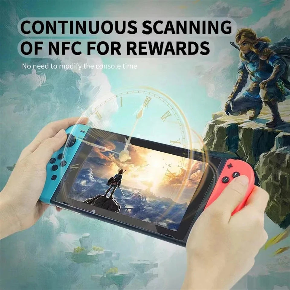 A hand holds a tablet displaying an NFC scanning interface, illustrating continuous scanning of NFC for rewards.