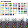 Variedad de 120 colores vibrantes de marcadores de pintura acrílica waterproof profesionales, exhibidos en rejilla.