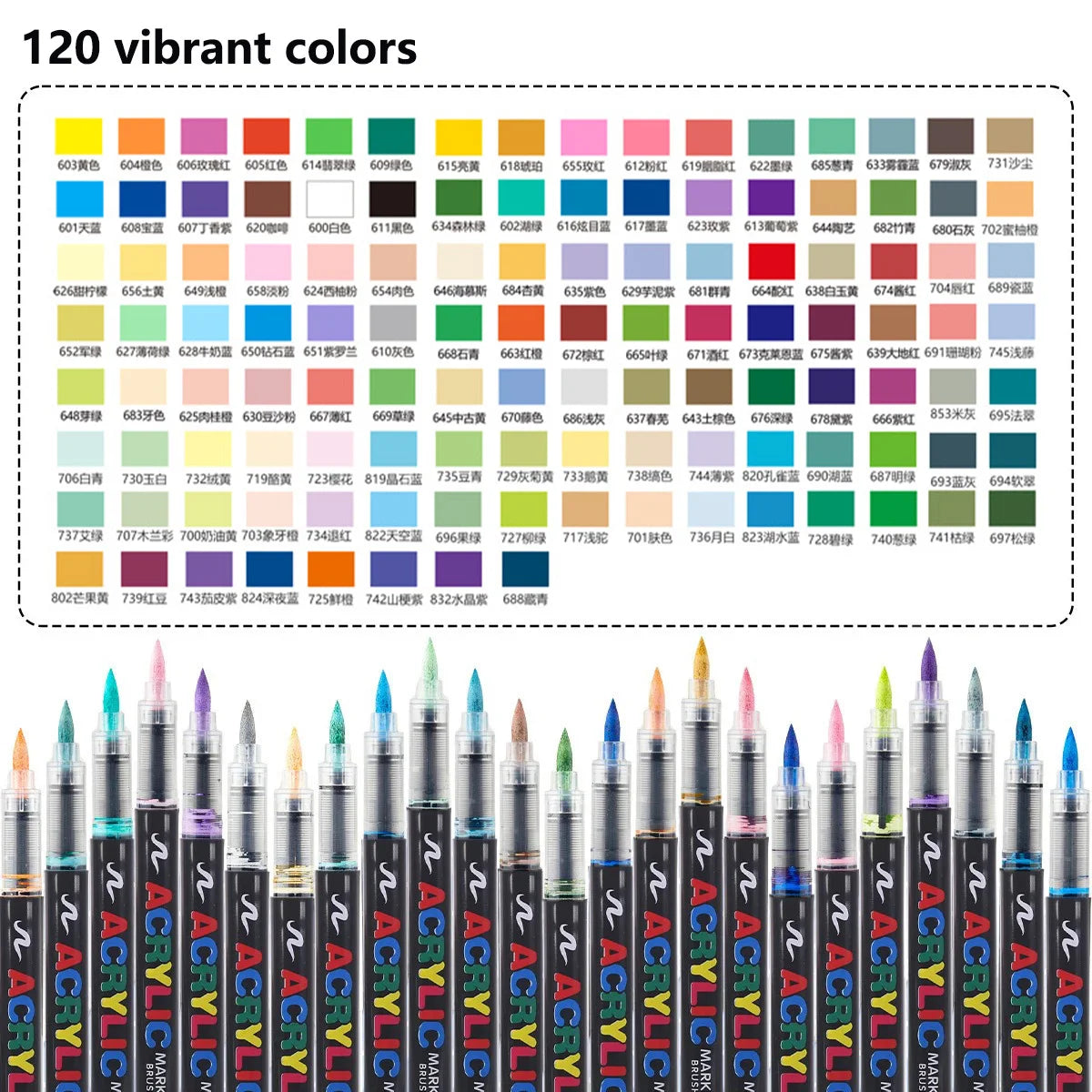 Variedad de 120 colores vibrantes de marcadores de pintura acrílica waterproof profesionales, exhibidos en rejilla.