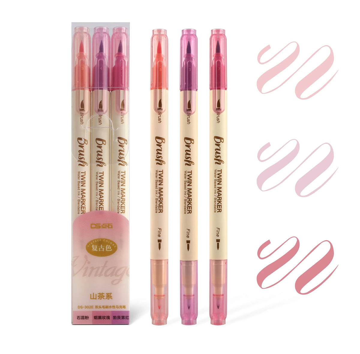 A set of three pink and purple brush pens for watercolor art featuring twin markers.
