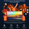 A portable laptop monitor displaying a vibrant sunset scene, surrounded by tropical elements and text promoting True-to-Life 