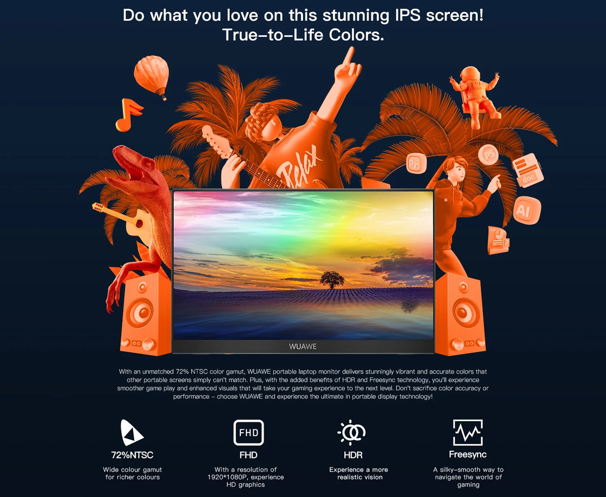 A portable laptop monitor displaying a vibrant sunset scene, surrounded by tropical elements and text promoting True-to-Life 