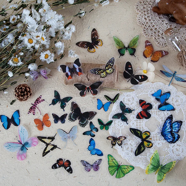 A collection of colorful butterfly wings in various colors and patterns laid on a beige surface.