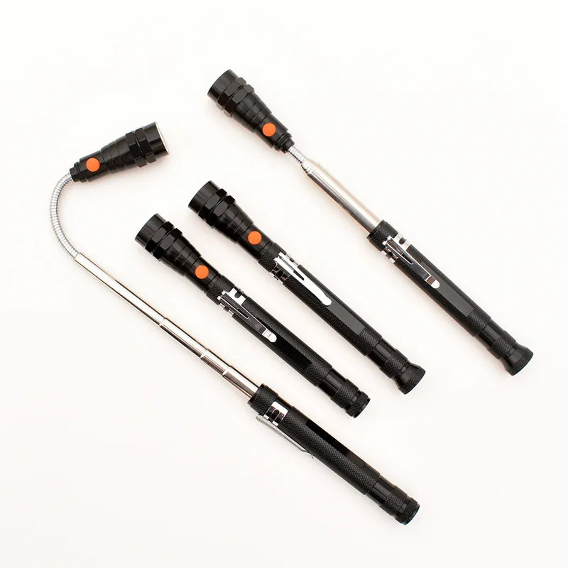 A magnetic LED flashlight with a telescoping grip shown in various orientations.