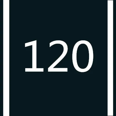 A white number 120 displayed on a dark square background.