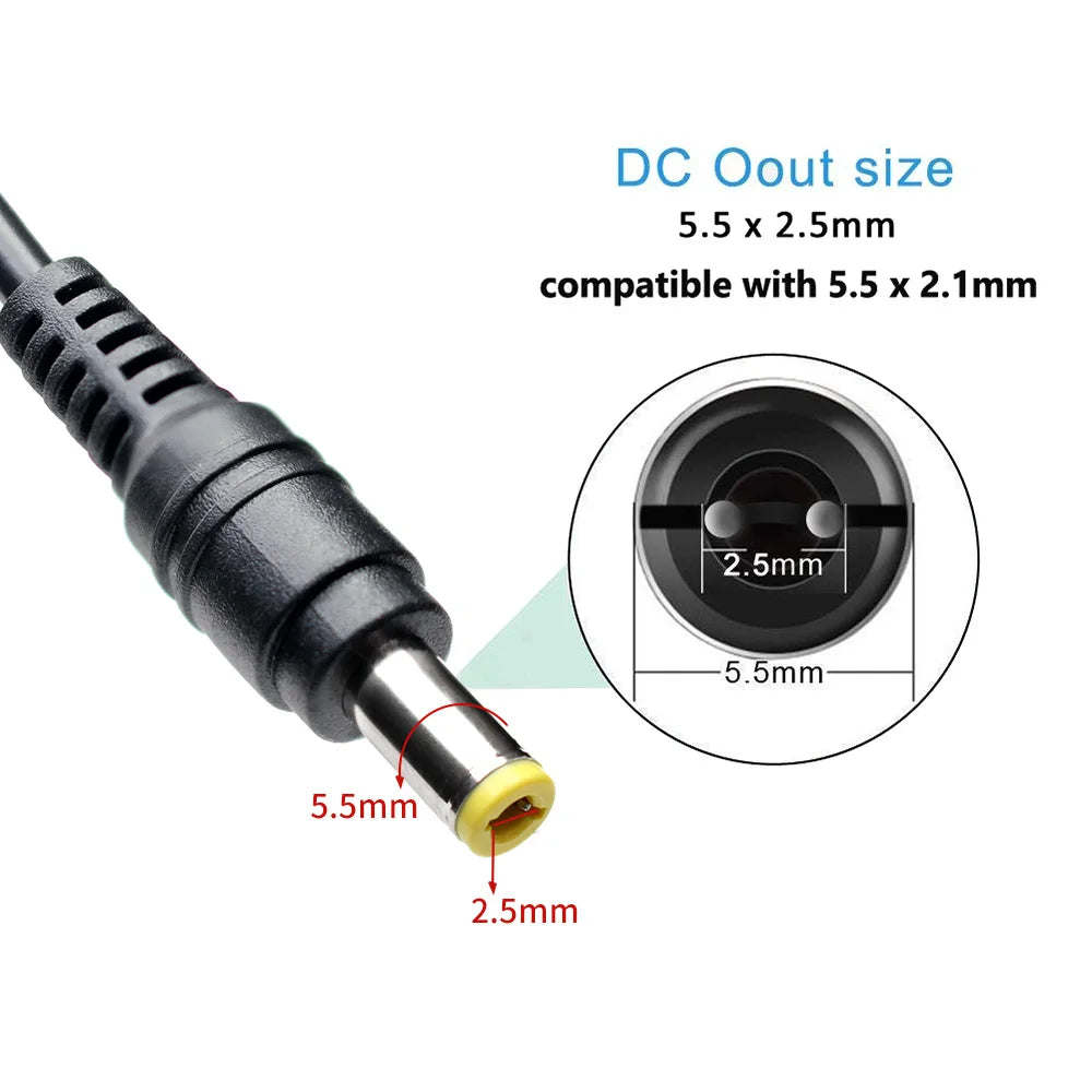 Close-up view of a black DC output connector tip with dimensions 5.5mm by 2.5mm.