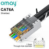 A close-up view of shielded CAT6A modular RJ45 connectors with through-hole diameters and gold contacts.