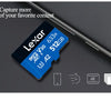 A Lexar V30 memory card is shown on a dark surface with icons indicating features like 4K video and 512GB storage.