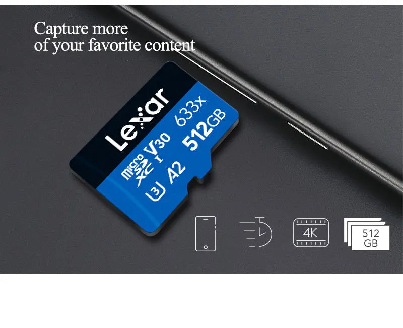 A Lexar V30 memory card is shown on a dark surface with icons indicating features like 4K video and 512GB storage.