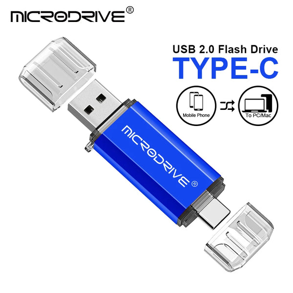 محرك أقراص فلاش أزرق MicroDrive USB 2.0 بمنفذ Type-C، مع رموز لأجهزة مختلفة.