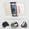 Adjustable tripod stand for a tablet or phone, shown in various angles and with dimension markings.
