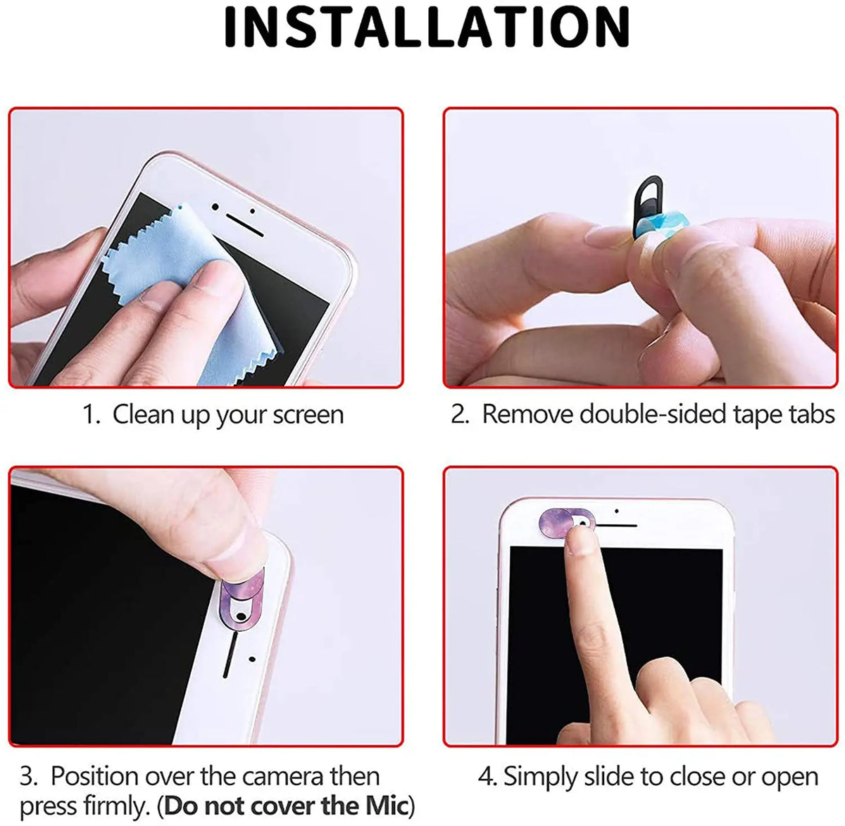 Instructions showing how to install a privacy webcam cover sticker on a smartphone screen.