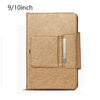 A tan leather-look keyboard cover for a tablet, showing the textured material and a silver slide.