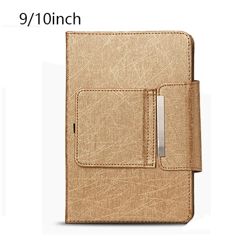 A tan leather-look keyboard cover for a tablet, showing the textured material and a silver slide.