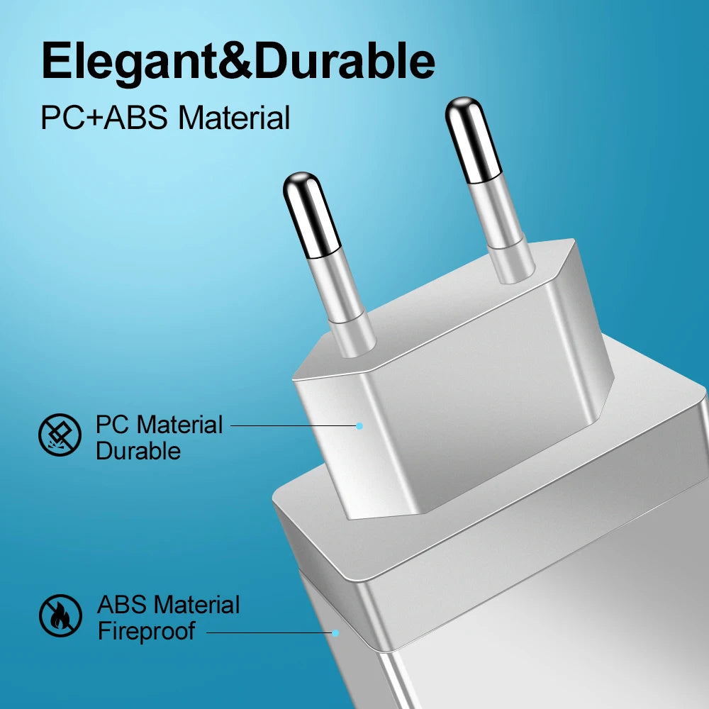 Silver wall adapter featuring PC and ABS materials with four charging ports.