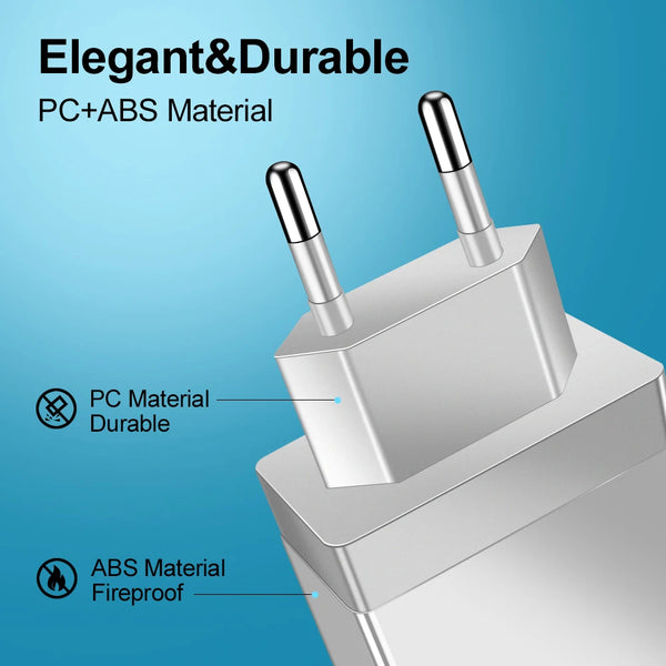 Silver wall adapter featuring PC and ABS materials with four charging ports.