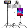 A black adjustable tripod stand holding a tablet, used as a mount for mobile phones.