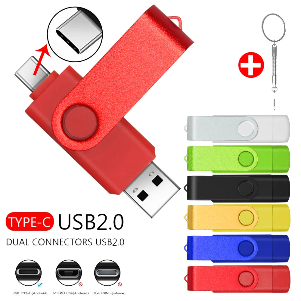 A red dual connector flash drive featuring a Type-C USB 2.0 interface and multiple color options.