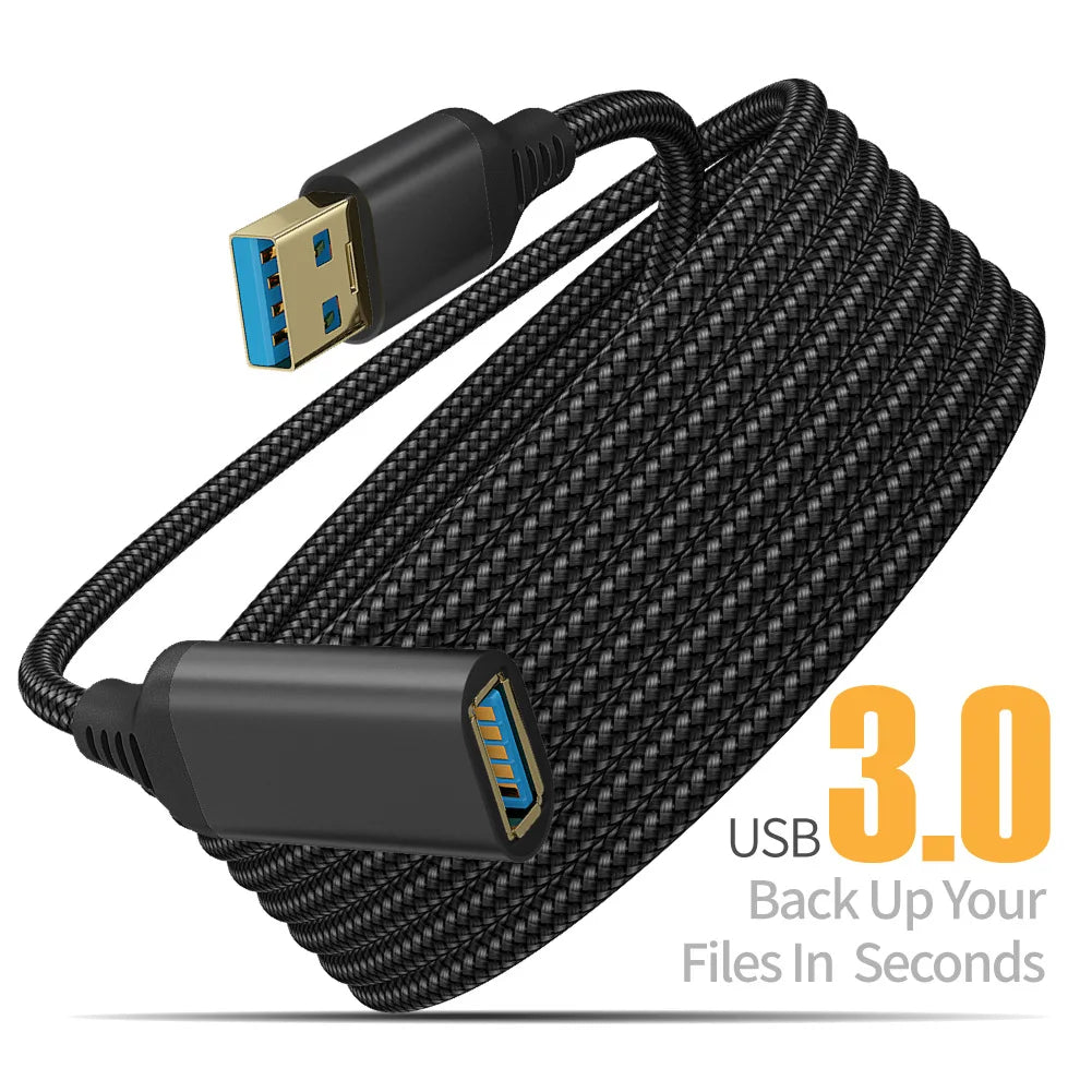 Black braided USB 3.0 cable with a Type-C connector and a USB plug for data transfer