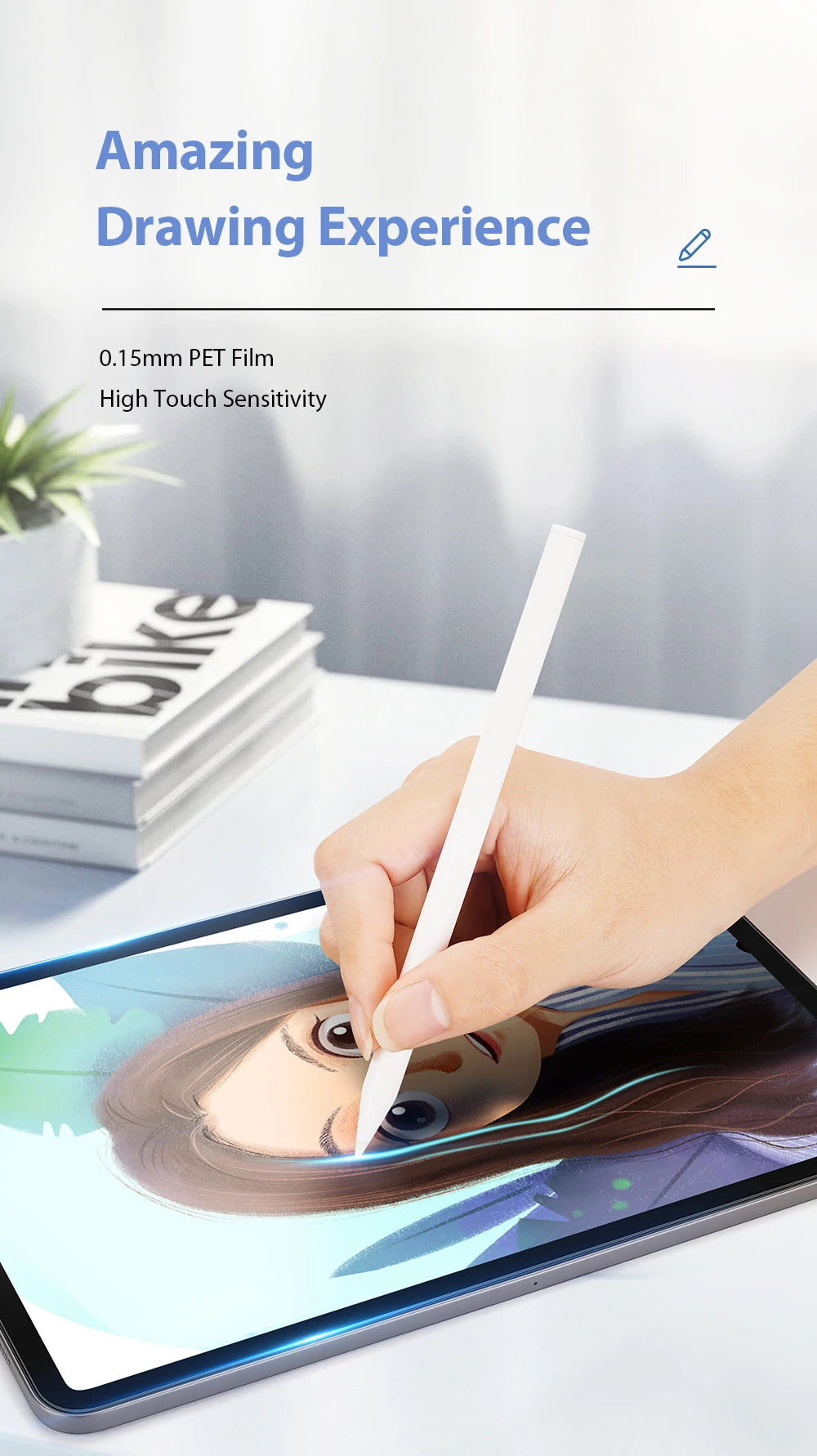 A hand draws on an iPad screen featuring a detailed illustration, demonstrating high touch sensitivity with a 0.15mm PET film