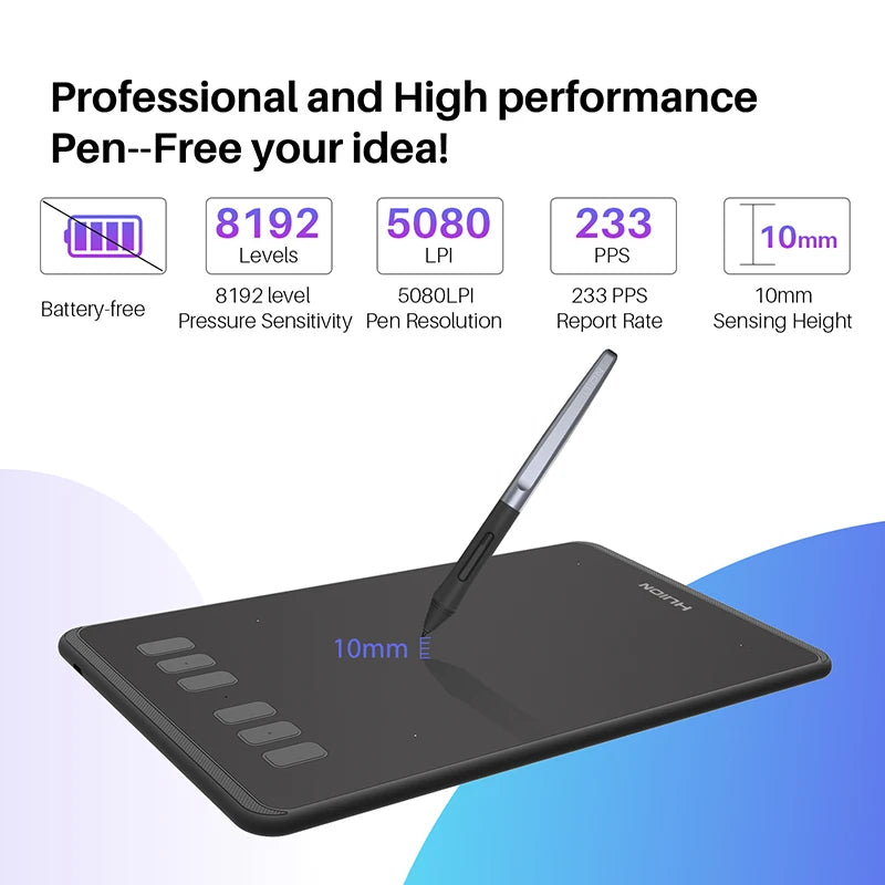Une tablette de dessin numérique noire sans stylet avec un stylet posé sur sa surface.