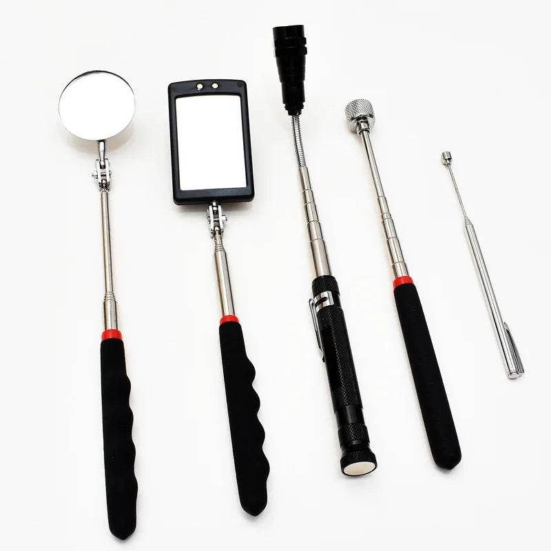 A magnetic LED flashlight with a telescoping grip and a circular mirror are displayed on a white background.