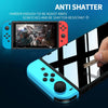 A close-up of a blue screen protector being applied to a Nintendo Switch console.