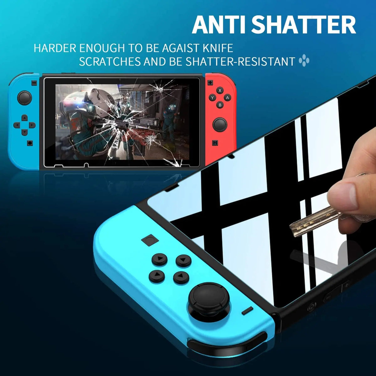 A close-up of a blue screen protector being applied to a Nintendo Switch console.