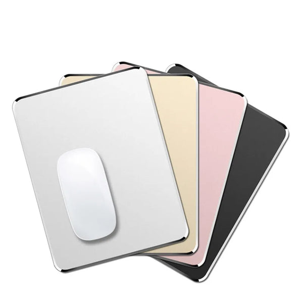 A stack of premium aluminum and PU leather mouse pads in various colors, including white, beige, pink, and black.