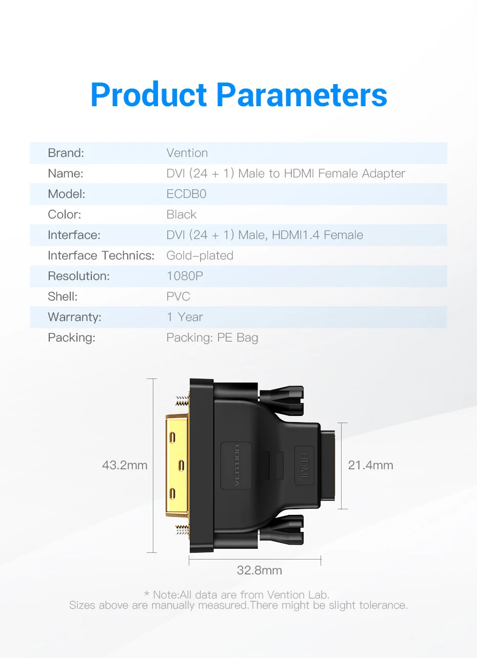 محول DVI إلى HDMI أسود بغلاف بلاستيكي، يُعرض من الجانب.
