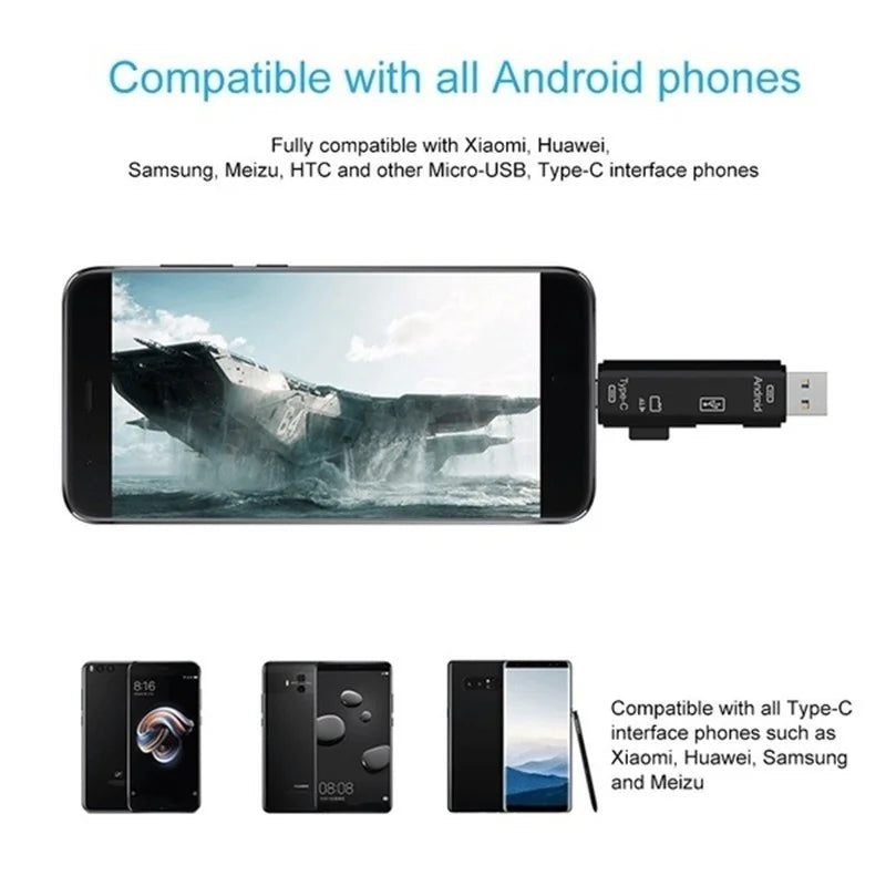 A 5-in-1 OTG card reader with USB, Type-C, and Micro USB ports shown next to various Android phones.