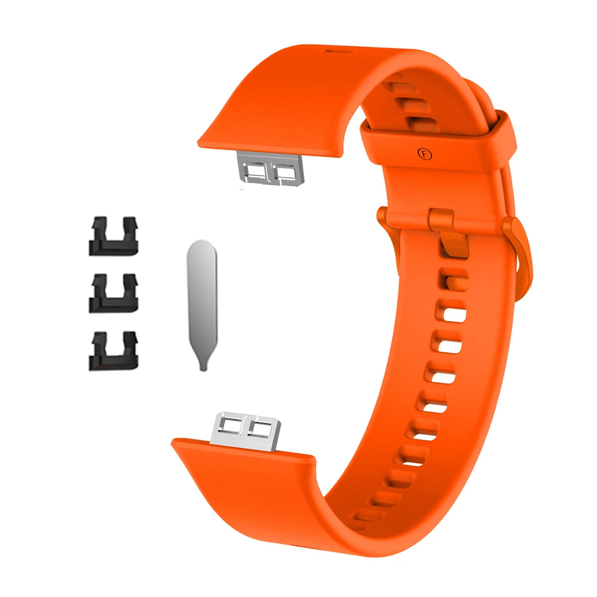 Orangefarbene Silikonarmband für einen Fitness-Tracker, gezeigt mit abnehmbarem Verschluss und Band