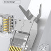 A close-up view of a CAT7 10 Gigabit Shielding RJ45 connector module being inserted into a modular housing.